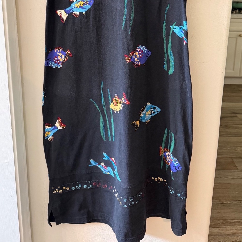 Copa Cabana Vintage Fish Print Cotton Midi Dress Black Boho Coastal Cowgirl M - Picture 3 of 6
